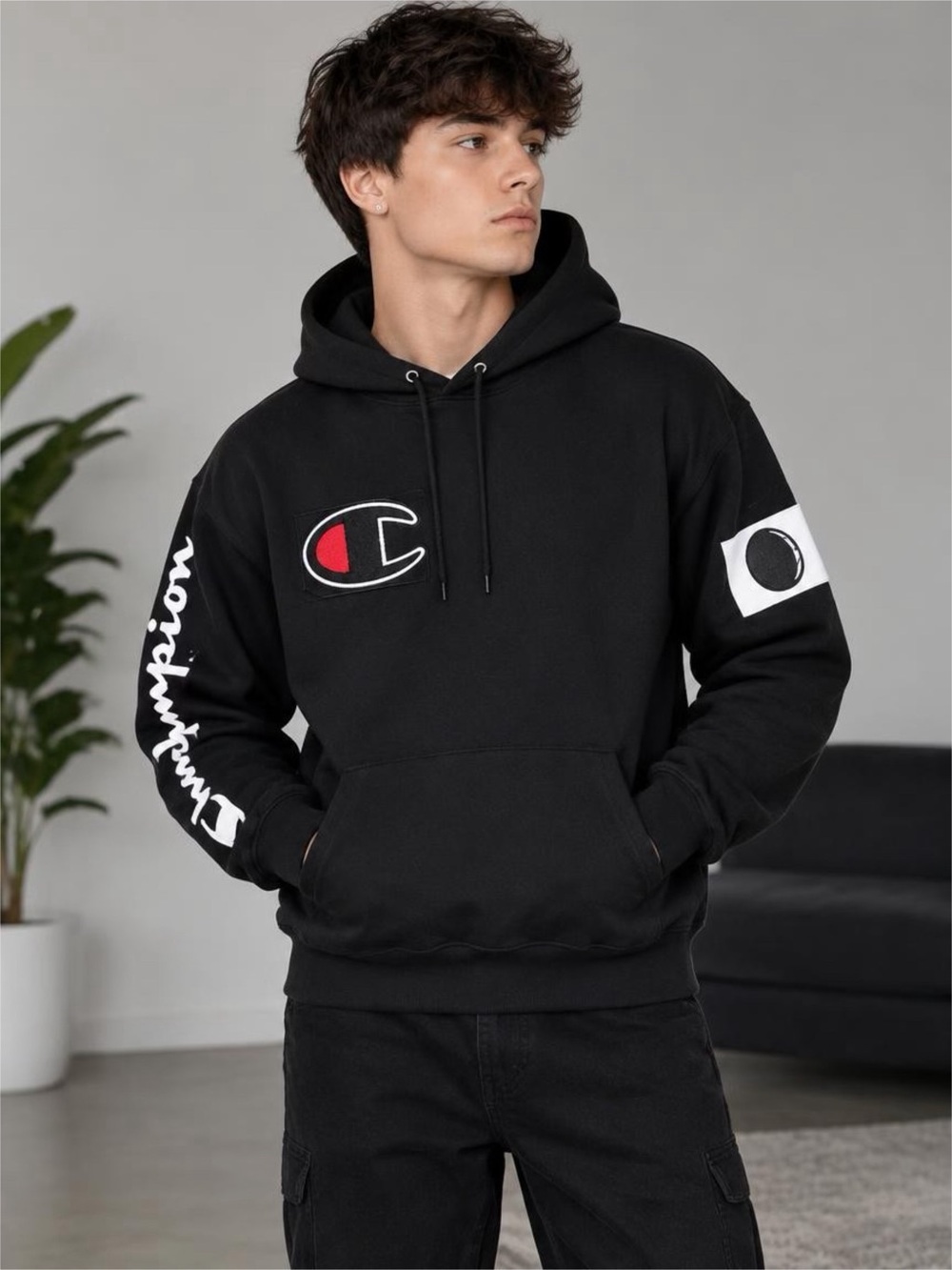 Champion Black Hoodie with White & Red Logo